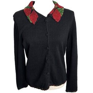 Vintage Michael Simon Cardigan Sweater Womens M Black Floral Poinsettia Beaded